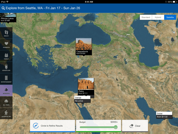 Priceline iPad App with "Explore Destinations" Beta Feature